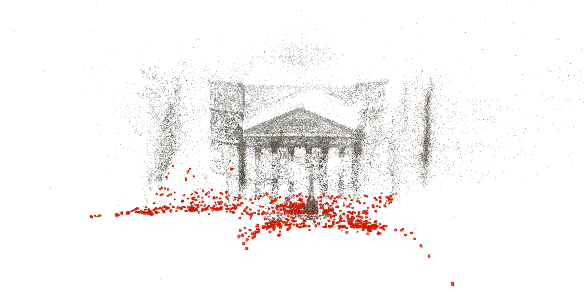 Point cloud and 942 recovered camera frusta for MegaDepth scene 0023.