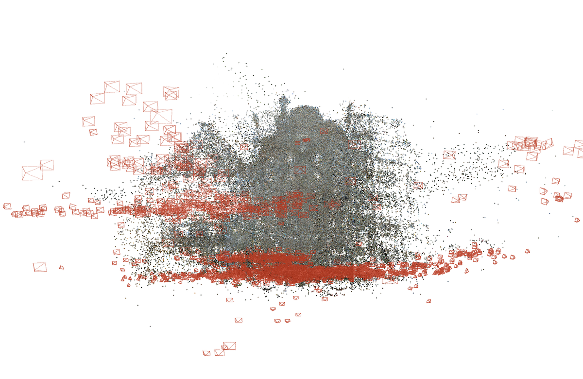 Point cloud and 2,251 recovered camera frusta for MegaDepth scene 0141.