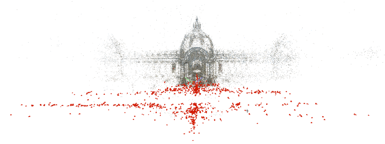 Point cloud and 1,078 recovered camera frusta for MegaDepth scene 0455.