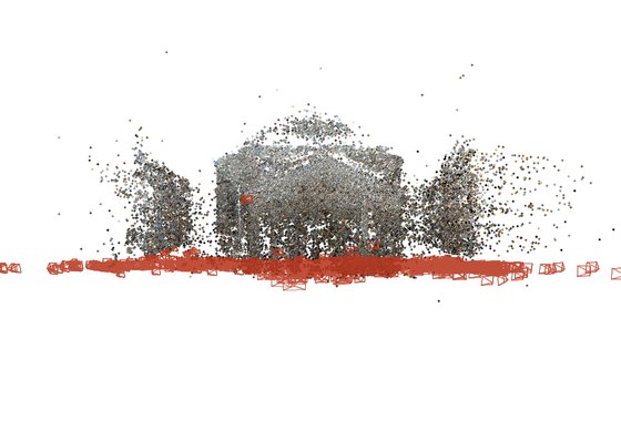Reconstruction of MegaDepth 0023: recovered 3D points with the estimated cameras in red.