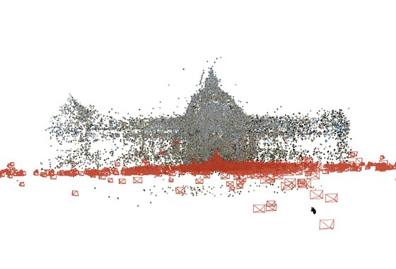 Reconstruction of MegaDepth 0455: recovered 3D points with the estimated cameras in red.