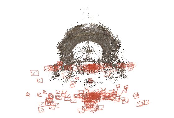 Reconstruction of Ellis Island: recovered 3D points with the estimated cameras in red.