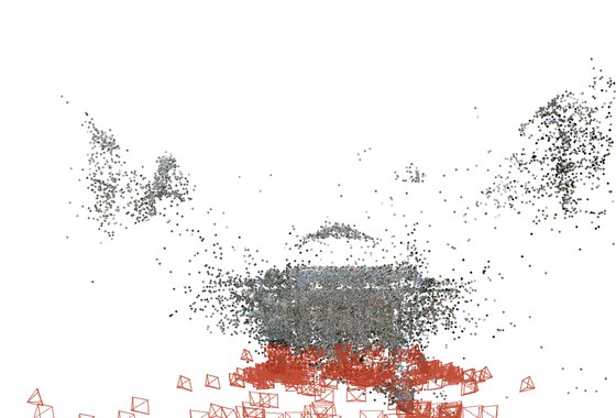 Reconstruction of NYC Library: recovered 3D points with the estimated cameras in red.