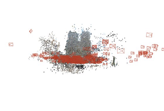 Reconstruction of Notre Dame: recovered 3D points with the estimated cameras in red.
