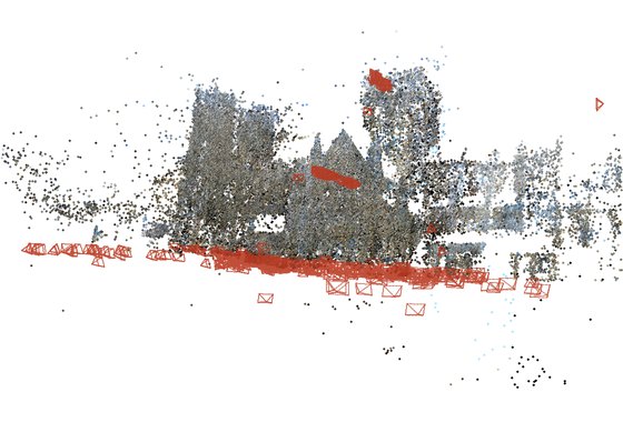 Reconstruction of Yorkminster: recovered 3D points with the estimated cameras in red.